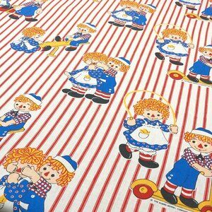 Vintage 70s Raggedy Ann Andy Red Stripes TWIN Bed FLAT Top Sheet: Retro Bedroom